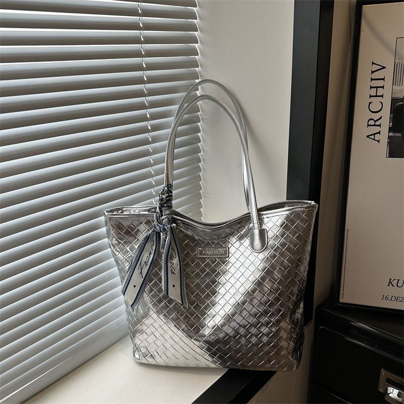 Women's Woven Pattern PU Tote Bag, Large Capacity Shoulder Handbag with Silk Scarf Accent, Versatile Commuter & Daily Bag in 6 Colors
