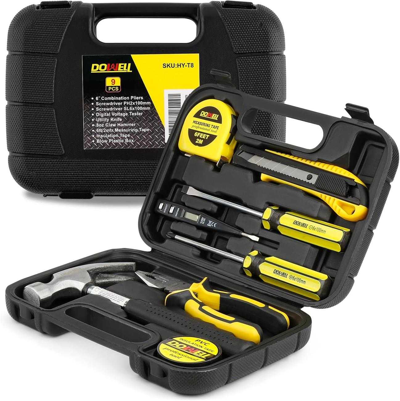 Homeowner Tool Set 9 Pieces General Household Small Hand Tool Kit with Plastic Tool Box Storage Case