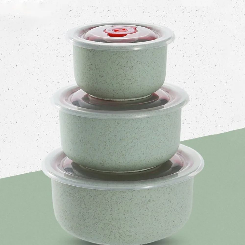3PCS/Set Wheat Lunch Bowl Box Round Lunch Box With Lid Can Be Microwave Sealed Bowl Kitchen Supplies Storage Box