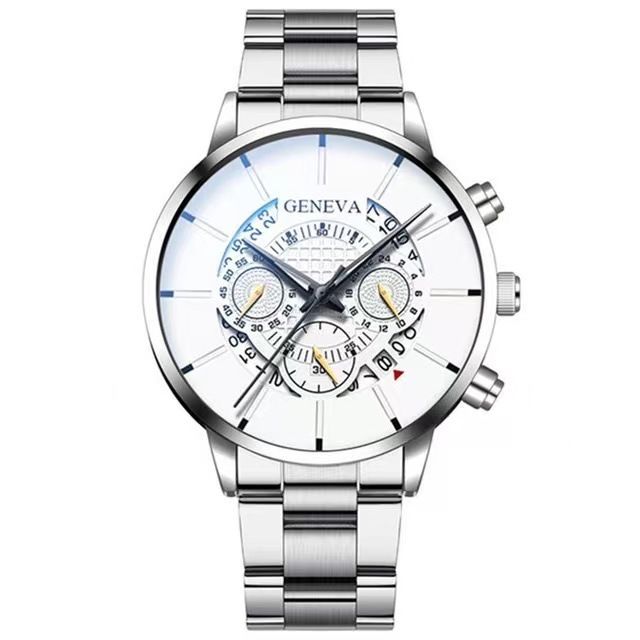 Calendar steel band watch men's large dial quartz watch men's watch foreign trade men's watchHollow silver white
