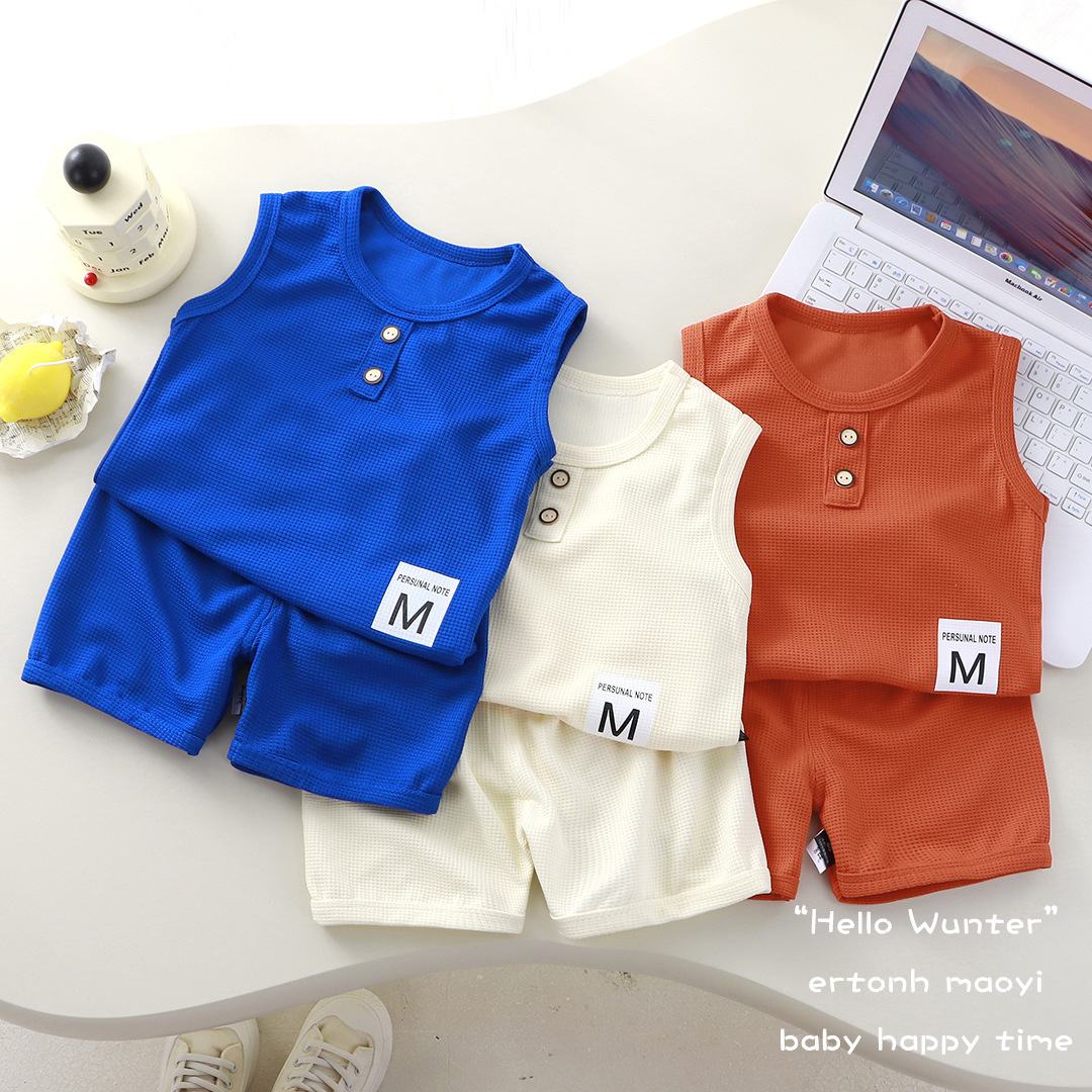 2025 new Korean style solid color temperament children's waffle vest suit boys sleeveless suit girls summer clothes