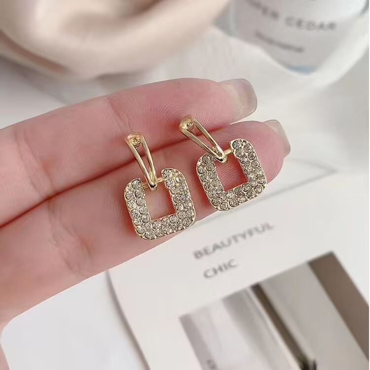 M162 Women's Simple Square Full Diamond Tassel Earrings Jewelry Gift