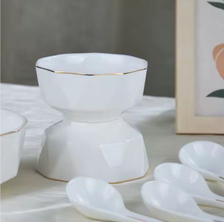 Luxury Embossed Dot White Wedding Hotel Serving Ceramic Luxury Soup Rice Bowl With Gold Rim