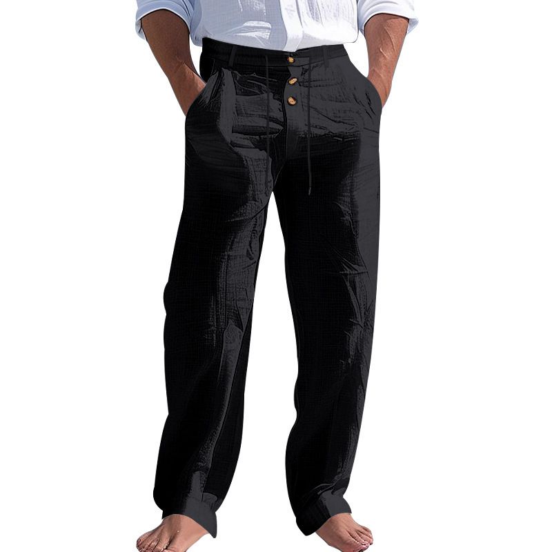 Men's Bottoms Pants Casual American Men's Cotton Linen Pants Button Decoration Drawstring Summer Beach Pants Straight Tube Solid Color Breathable Pants