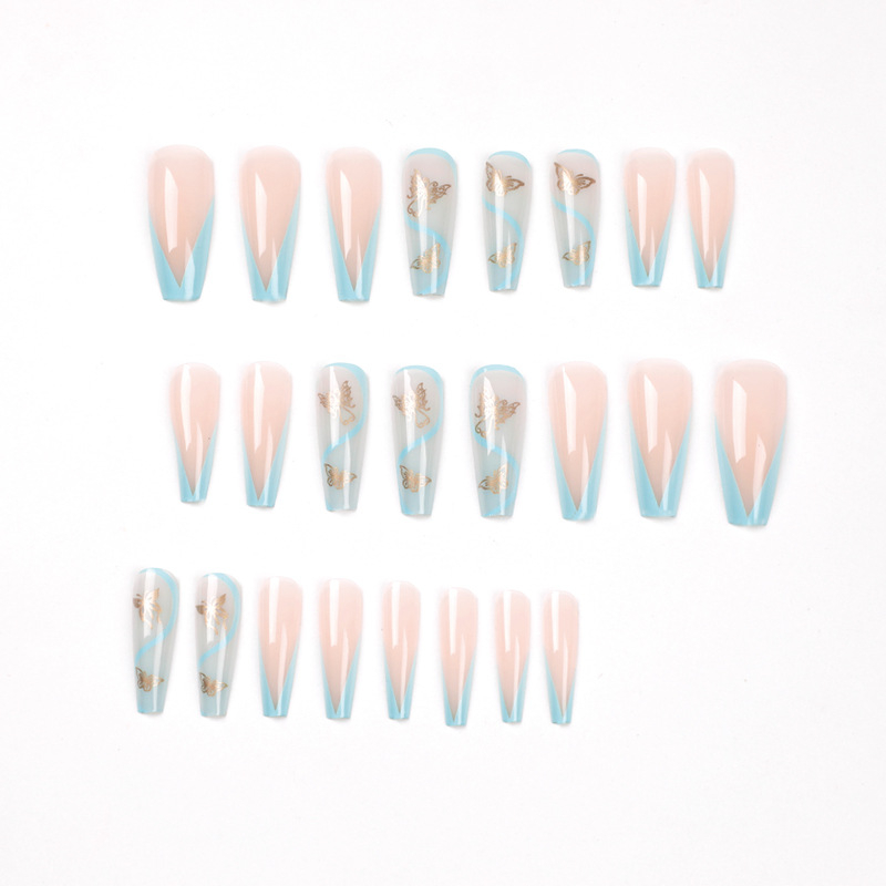 24Pcs Long Coffin False Nails Glitter Butterfly Designs Fake Nails Artificial Full Cover Nail Art Tips Press on Nails Manicure Tool