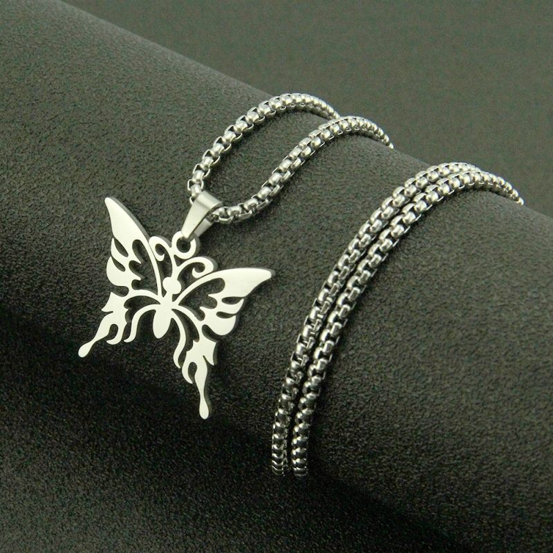 Stainless steel necklace, fashionable hollowed out butterfly pendant, square pearl titanium steel necklace CRRSHOOP free shipping Holiday gifts pendant necklace chain