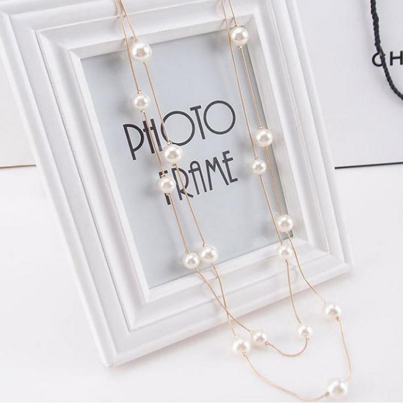 00098-21 Necklace Double Layer All-match Alloy Faux Pearl Decor Sweater Necklace for Women