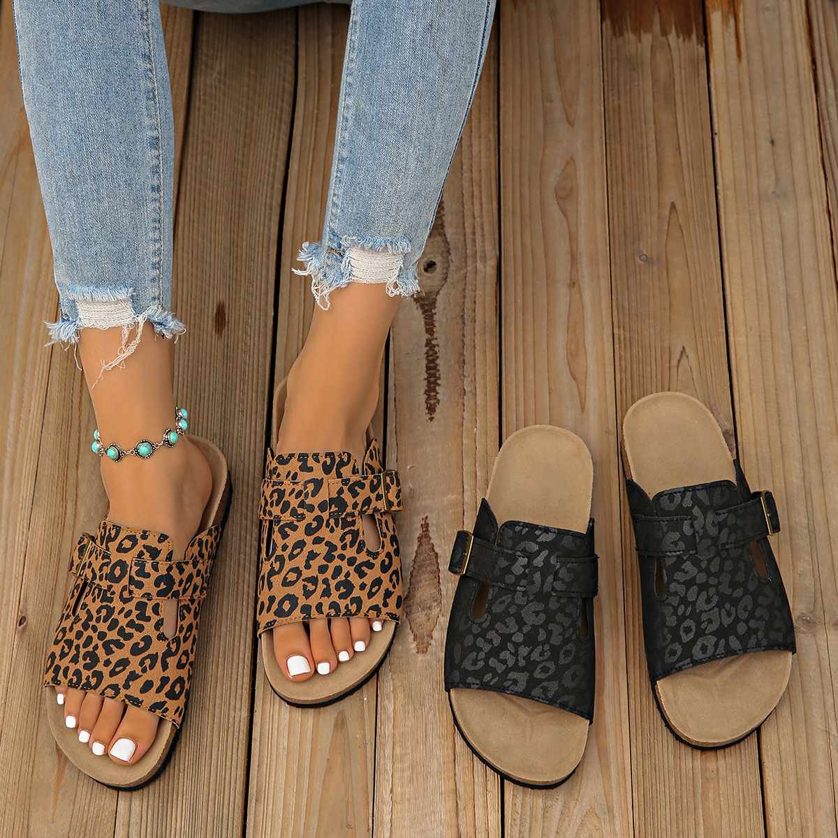  Women's Wide Width Sandals 2025 - Platform Animal Print Slippers | Peep-Toe Beach Slide Sandals with Strap