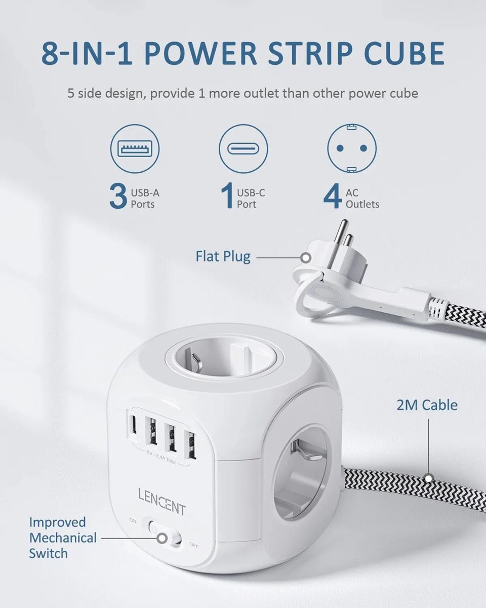 EU Plug Power Strip with 4 AC Outlets 3 USB Port 1 Type C 2M/3M Braided Cable Multi Socket with Switch for Home
