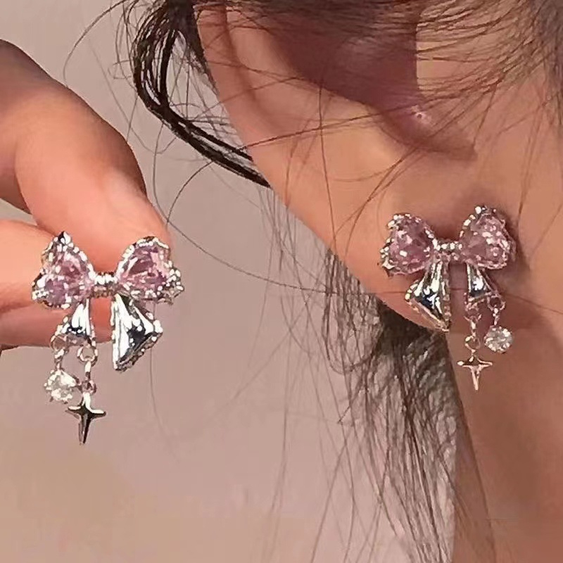 Women's Pink Bow Earrings, Niche Exquisite Alloy Earrings