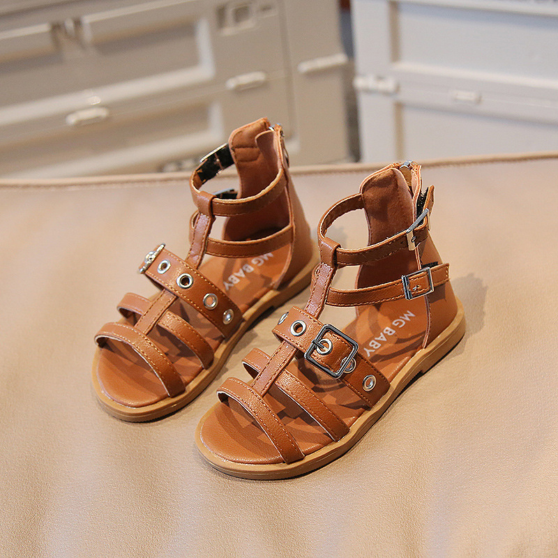 Women Girls Roman Shoes Open-toe Buckle Flat Casual Soft Bottom Sandals High Top Children's Beach Shoes
