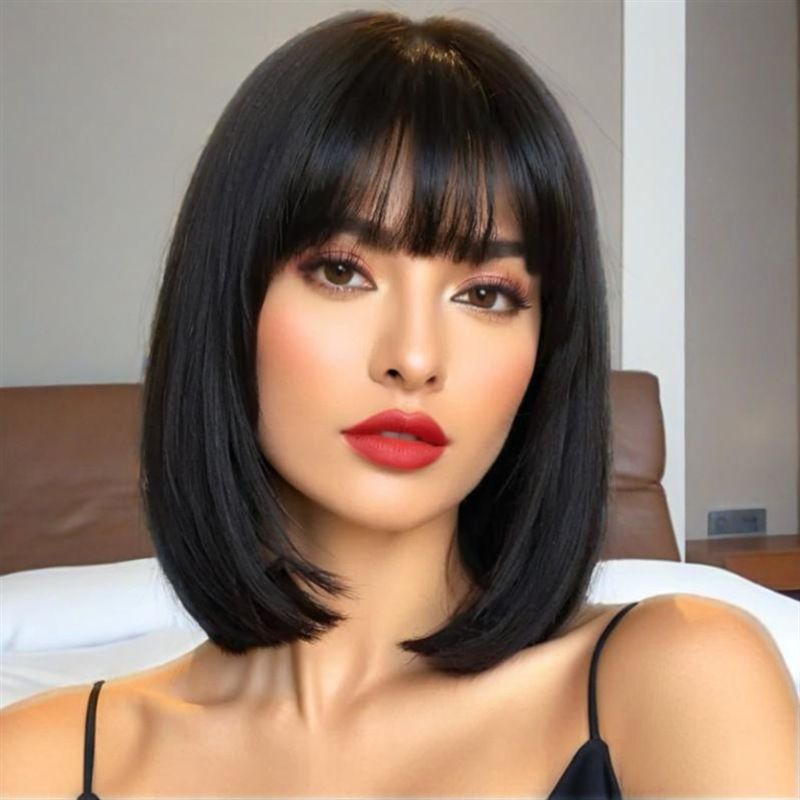 2025 New Korean-Style Women's Airy Thin Bangs, Shoulder-Length Short Straight Bob Wig, Synthetic Hair Wig Cap, Cross-Border Export Wig

