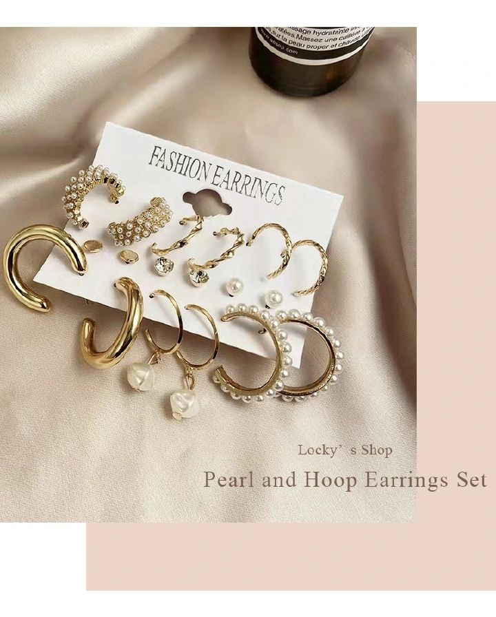 9Pcs/Set Women Earrings Rhinestone Pearl Exaggerated Gold Creative Personality Relief Earrings Women's Fashion Accessories Jewellery