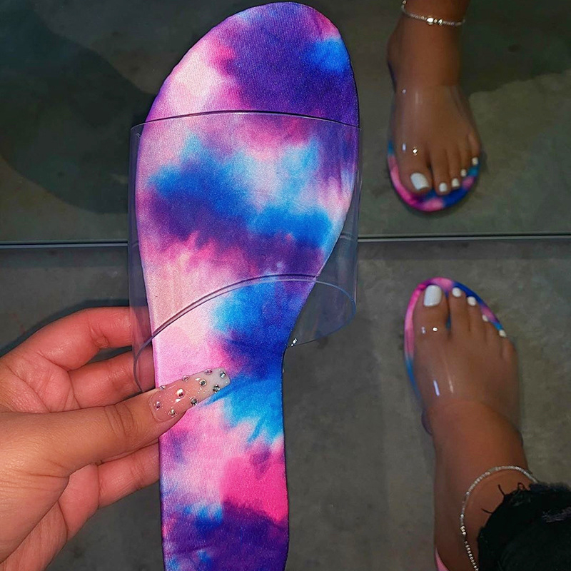 PL0057 Women Clear Uppers Sandals Open Square Toe Slip on Flat Slides Transparent Beach Party Shoes