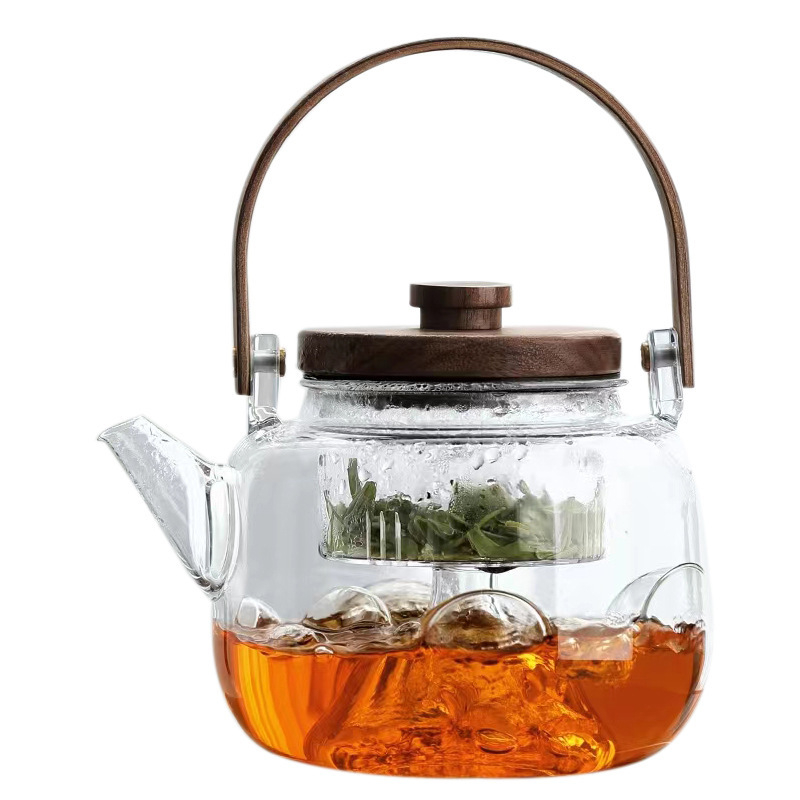 1000ml Glass Teapot, Stove Top Safe, Borosilicate Glass Kettle with Removable Infuser, Heat Resistant Wood Handle for Blooming Flower Tea