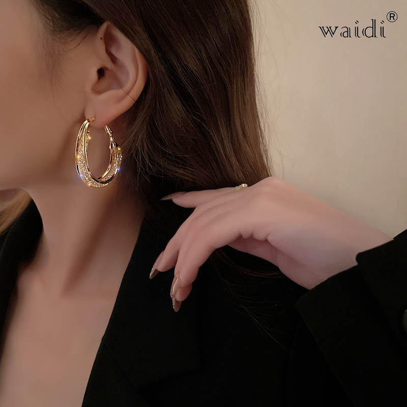 Waidi   Korean Fashion Metal Geometric Oval Circle Hoop Earrings For Women Girls Delicate Zircon Brincos Party Jewelry