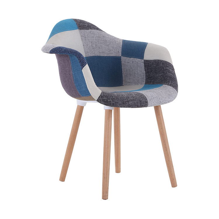 Y-982-3 Mid-Century Modern Upholstered Plastic Multicolor Fabric Patchwork DSW Shell Dining Chair with Wooden Legs