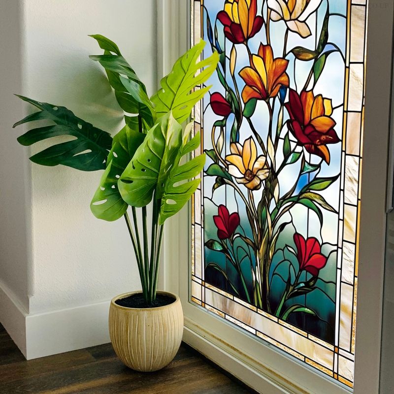 Colorful floral electrostatic adsorption decorative window glass double sided visible electrostatic sticker