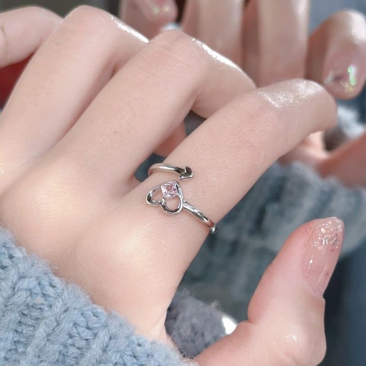 J210 Women's Niche Love Pink Rhinestone Ring Opening Adjustable Ring