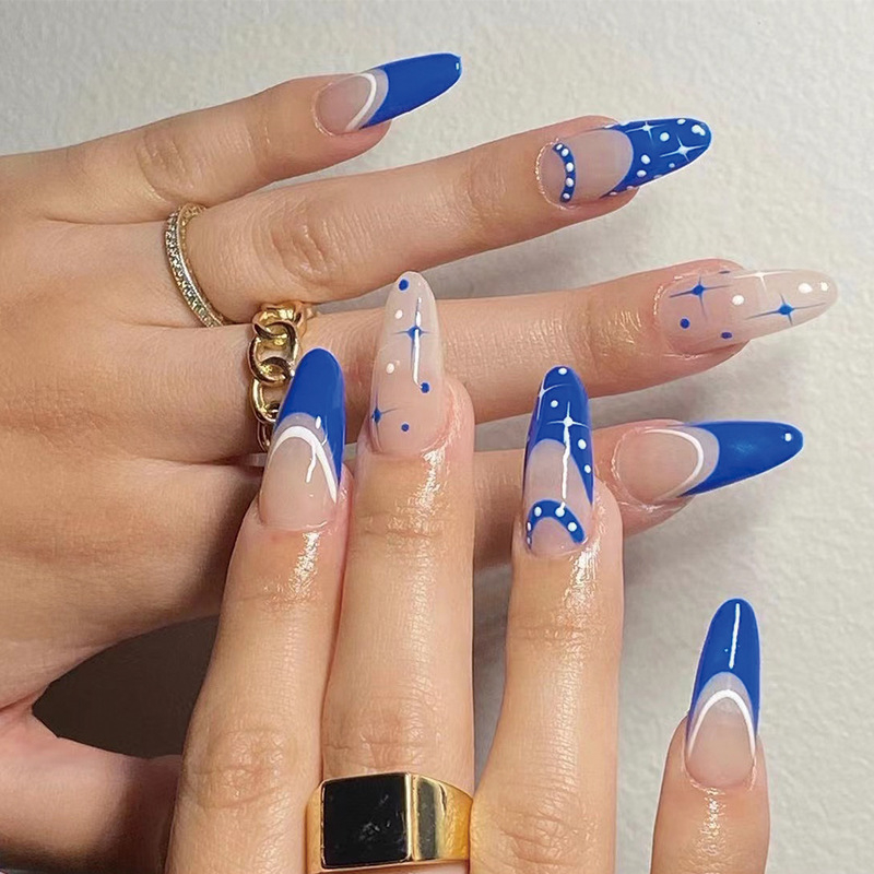 JP1774 24 Pcs Glossy Press on Nails, Medium Stiletto French Blue And White Contrasting Color Stars Print Fake Nails, Acrylics Full Cover False Nails for Women and Girls
