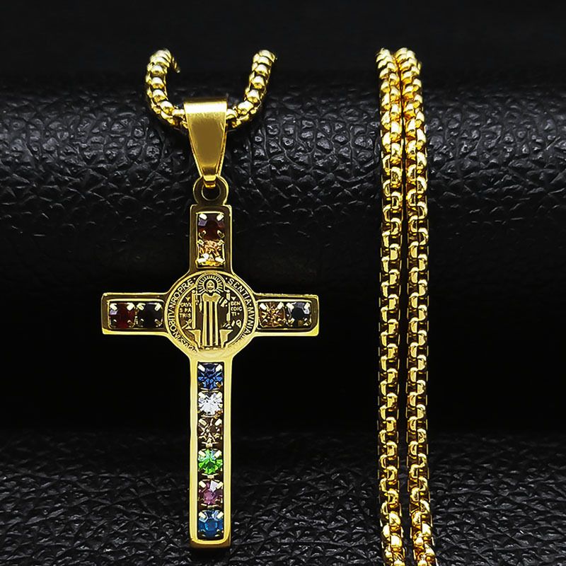 Necklace Cross stainless steel necklace Saint Benedict Crystal Holy Pendant Cross necklace CRRSHOP unisex men women Jewelry necklace