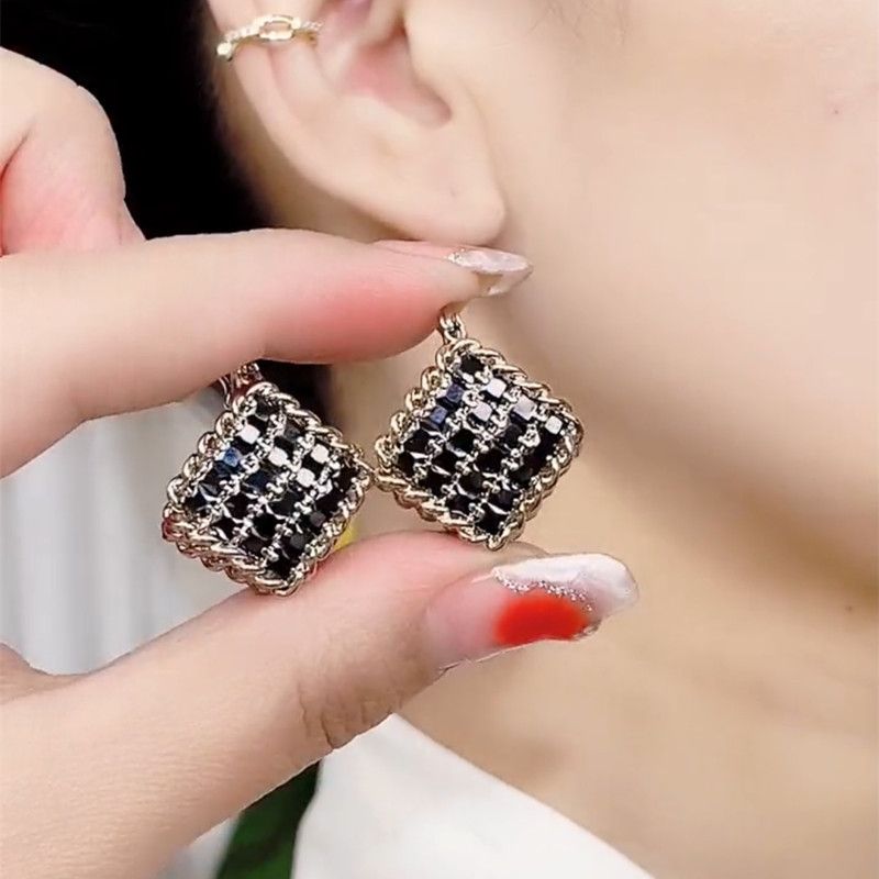 Women's premium black double-sided buckle full diamond geometric earrings 168