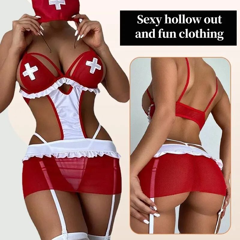Sexy Nurse Lingerie Costume Cosplay Suit Womens Sexy Underwear Lingerie Costume Red & White G-String Bodysuit