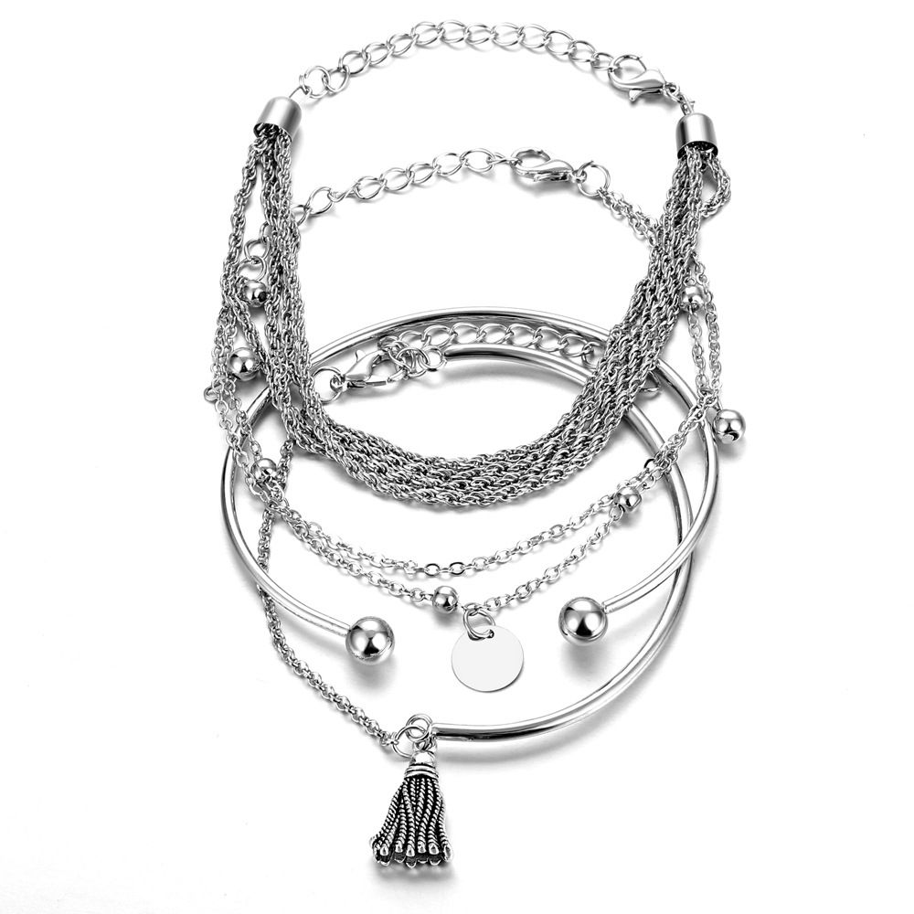 European and American simple silver smooth tassel bracelet personality multi-layer chain round piece 4-piece bracelet set MW000001