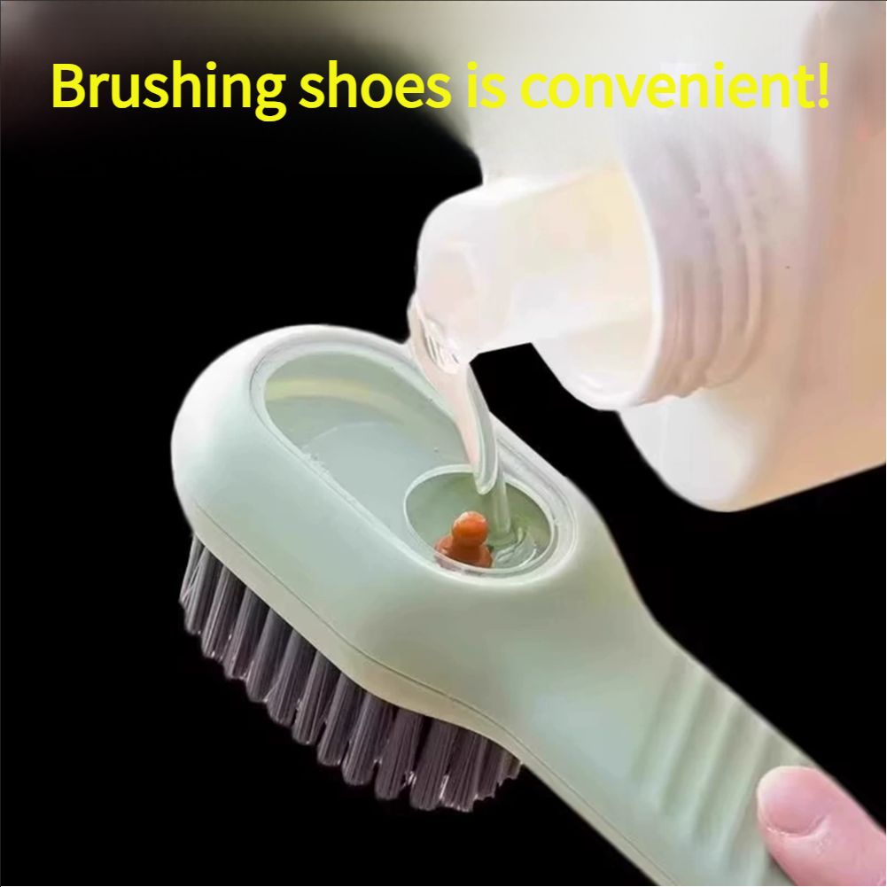 Adding liquid to shoes, brushing shoes, and using a household pressure type brush to dispense liquid without damaging the shoes. Adding liquid to shoes and using a shoe brush