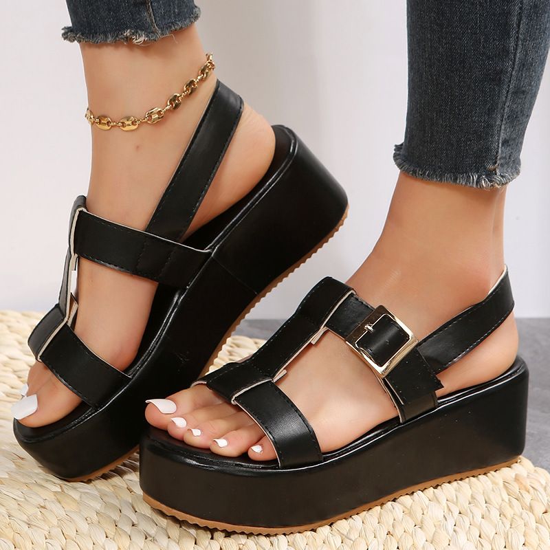 Korean version of foreign trade platform buckle open toe sandals women's wedge heel round head I-shaped beach sandals 21802
