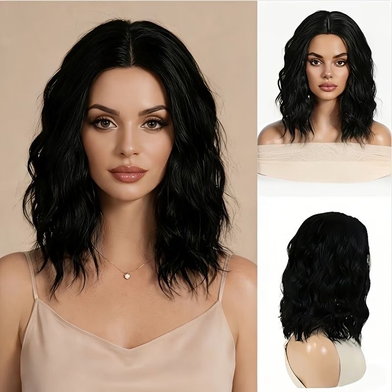 Black Medium Long Wavy Wig Middle Part Shoulder Length Curly Wig Breathable Mesh Inner Net Natural Looking Full Head Wig Heat Resistant Synthetic Wig for Women Daily Party Casual Wear