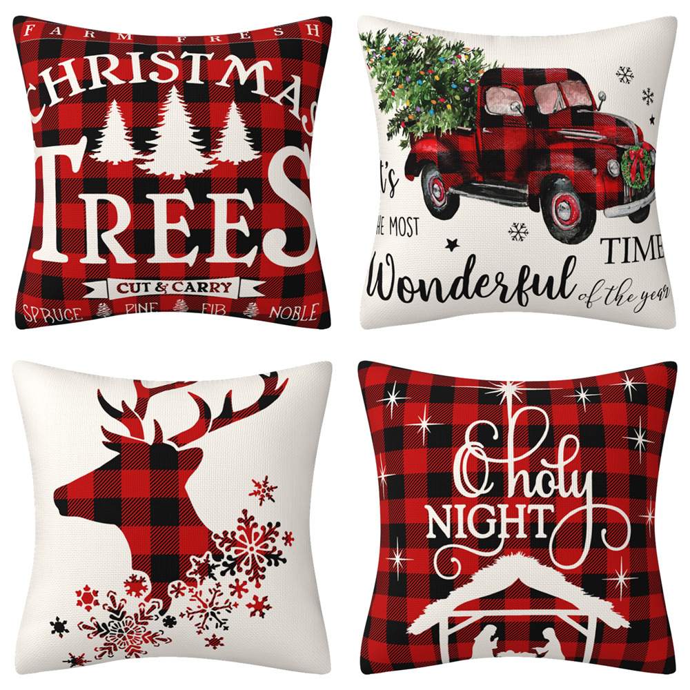 MUYTF-20 Christmas Pillow Covers, Black and Red Plaid Christmas Pillow Covers 18x18 Merry Christmas Christmas Tree Elk Snowflake, Christmas Pillows Christmas Decorations Indoor for Bedroom
