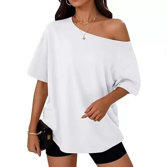 2026 Summer New Arrival Women’s Off-Shoulder Loose T-Shirt, Casual Fashion Short Sleeve Top, Soft Comfortable Versatile Basic Tee, Easy to Match for Daily Wear Cross-Border Sale