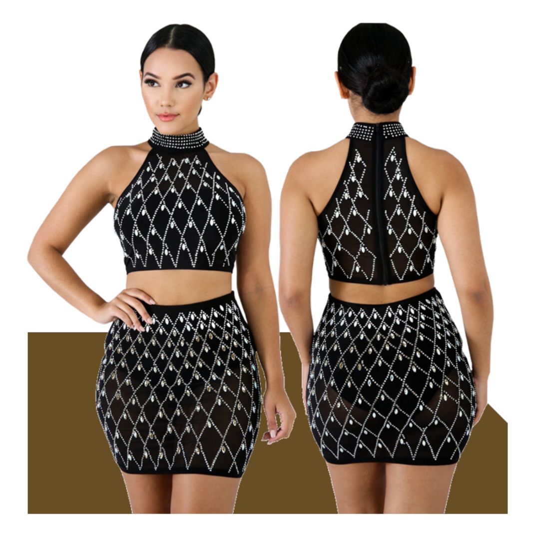 New fashion women's diamond-encrusted sleeveless round neck navel top and skirt two-piece suit skirt woman women 2-piece two-piece short skirt fashion sexy party bar performance skirt female lady ladies shopping walking party daily trip set