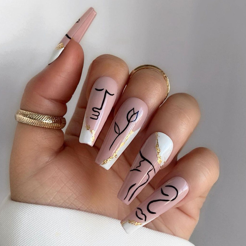 W051 24 Pcs Glossy Press on Nails, Super Long Coffin French Contrast Color Doodle Glitter Decor Fake Nails, Acrylics Full Cover False Nails for Women and Girls