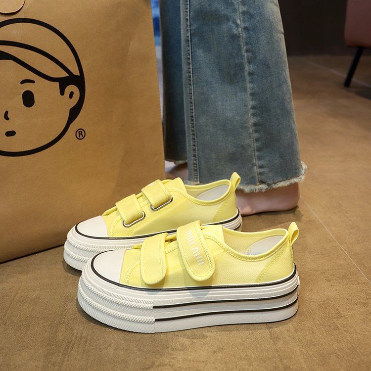 New Velcro canvas shoes for women in summer 2025, solid color thick-soled white white sneakers, school-style running casual shoes
