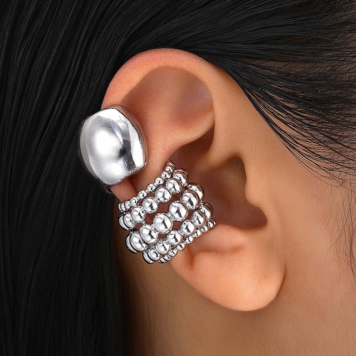 6347602HB 2pcs Exaggerated Metal Wide Clip Earrings Set For Women Simple Silver Color C-Shaped Half Circle Beaded Ear Cuff Jewelry Gift