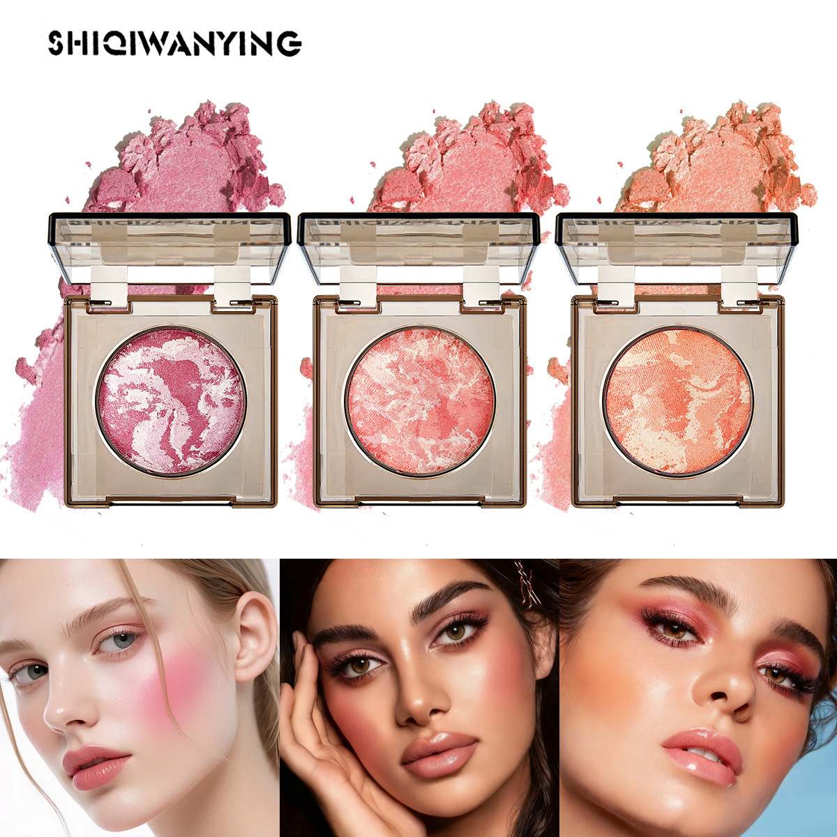 SHIQIWANYING Marble Pattern Baked Blush, Shimmer Gradient Cheek Blush Powder, 3 Colors Optional Long-Lasting Natural Glow Blush for Daily Party Makeup