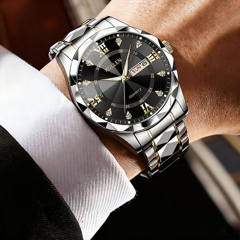 New Men Business Quartz Watch, High-grade Rhinestone Inlaid Wristwatch, Luminous Dial with Dual Calendar Design, Elegant Dress Timepiece for Office Daily Formal Occasion