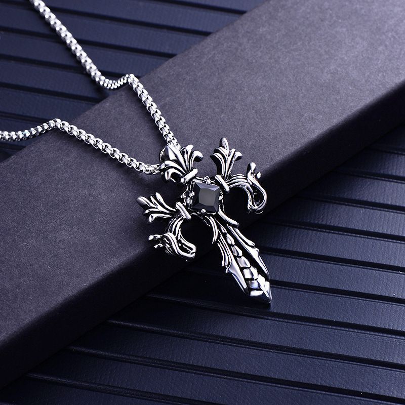Titanium steel Necklace gemstone inlaid dragon shaped pendant CRRSHOP Double Dragon Cross Titanium Steel Necklace