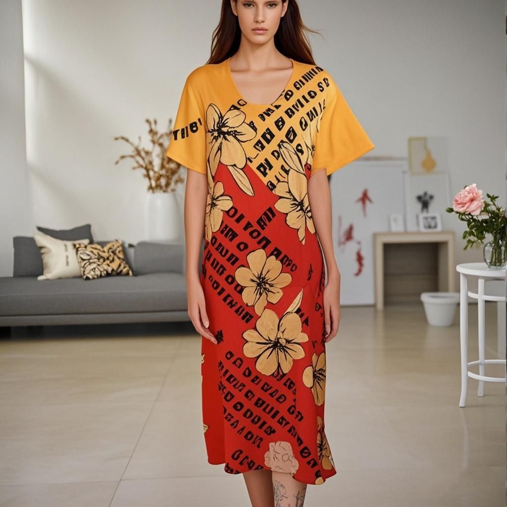 92% Silk Round Neck Yellow-Orange Printed Women's Dress
