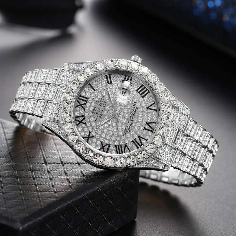 Diamond studded men's watch, gold filled with diamonds, calendar quartz watch CRRSHOP free shipping Wrist Watch Father's Day Gift