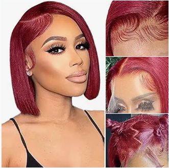  Short BOBO 4*4 Straight Wig WINE Burgundy Highlight Color- Closure Lace Wigs Human Hair 180 Density Pre Pluck Lace Wig
 
