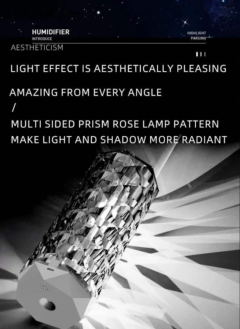 Crystal Lamp Humidifier with Colorful Atmosphere Light Silent Ultrasonic Humidifier 2 Adjustable Mist Modes for Home Bedroom