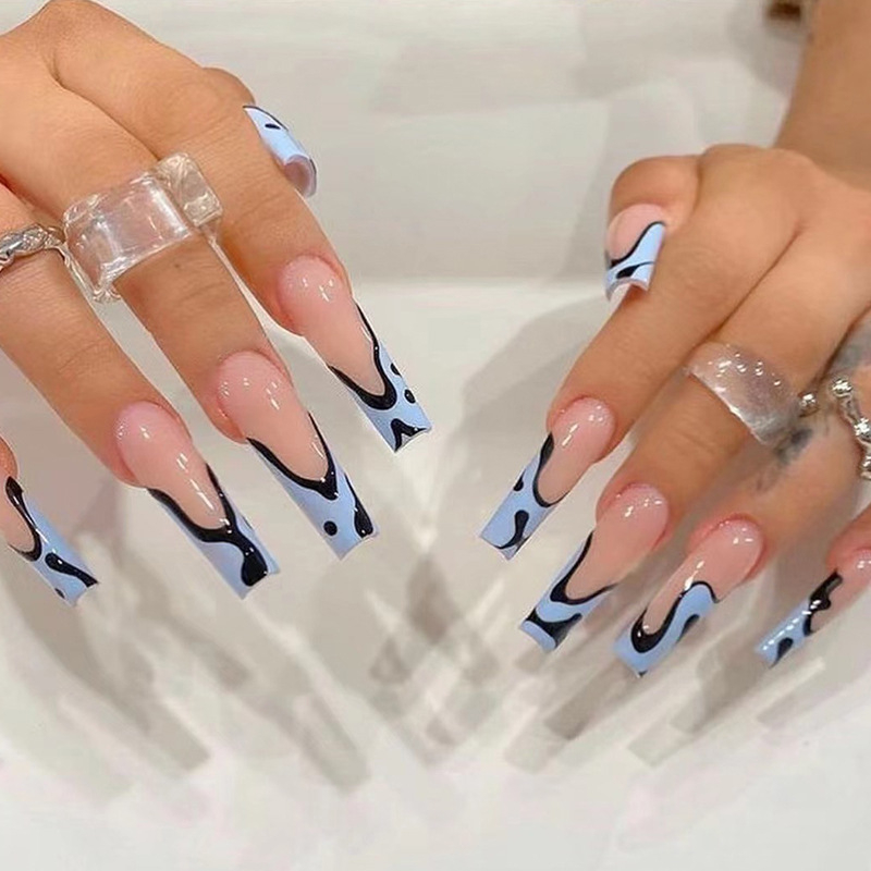 JP1717 24 Pcs Glossy Press on Nails, Super Long Coffin French Blue-edged Black Lines Prints Fake Nails, Full Cover Artificial False Nails for Women and Girls
