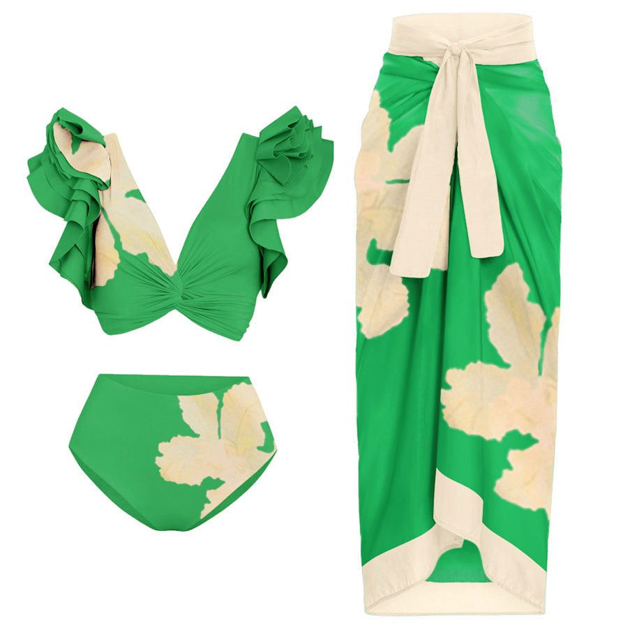 2328/8801 Women's Sarong Floral Print Bikini Set Two Piece Bathing Suit with Cover up Wrap Skirt