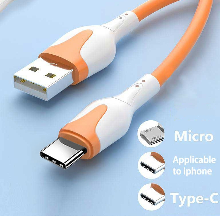 Data line digital phone parts chanrging line orange CRRshop free shipping best sell Liquid soft rubber data cable suitable for Apple Android TYPE-C dual color fast charging USB phone charging cable