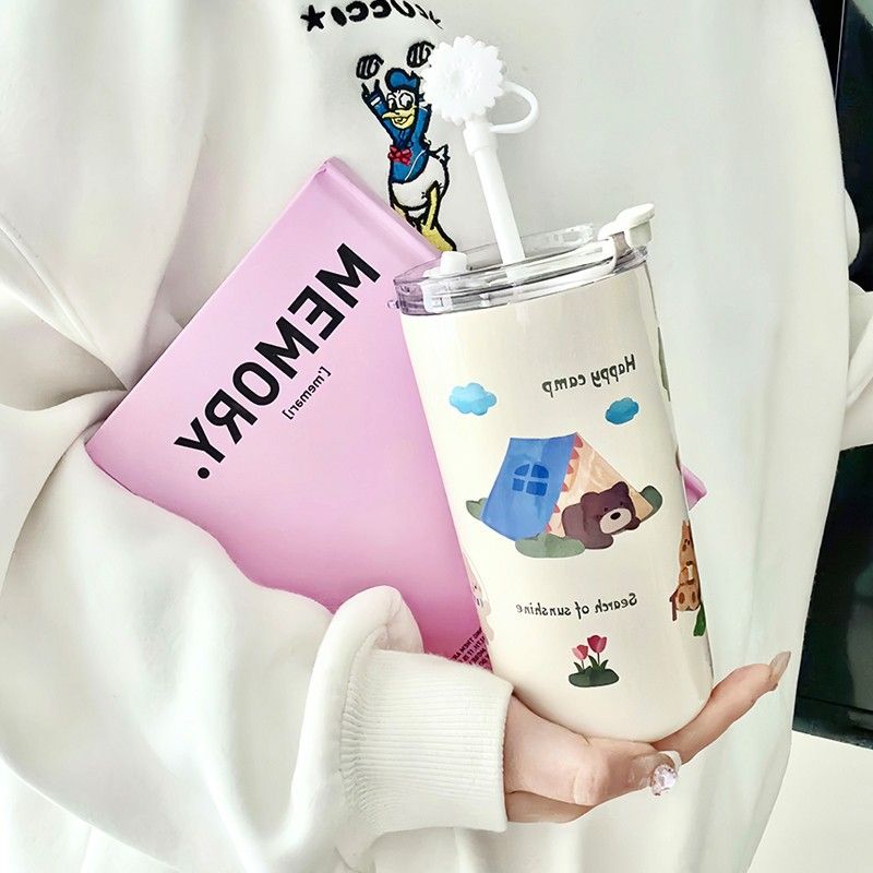 Big Mac Thermos Cup Straw Coffee Cup Portable Stainless Steel Ice Cream Cup Cute Vacuum Cup 
