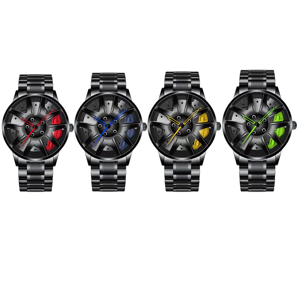 Men's Sports Watch Waterproof Car Wheel Watches 3D Hollow Wheel Design Stainless Steel Watch 