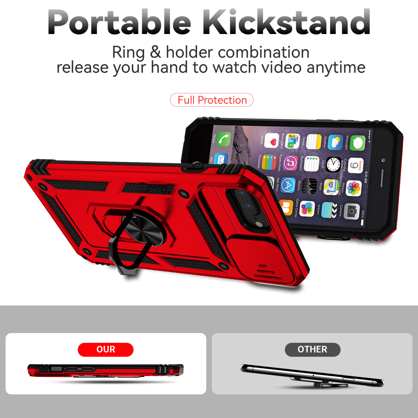 Sliding Camera Protection Shockproof Phone Case For iPhone 6 6s 7 8 4.7 inch iPhone 6 Plus 6s Plus 7 Plus 8 Plus 5.5 inch TPU+PC Double Layer Phone Cover Shell with Rotate Ring Kickstand Metal Plate for Magnetic Car Mount